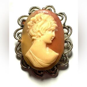 Vintage Hand Carved Cameo Brooch 
Shell GoldTone Filigree Set Neoclassical
Style